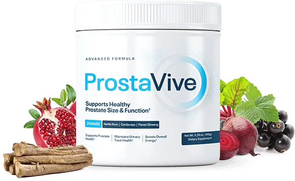 ProstaVive powder container with ingredient imagery