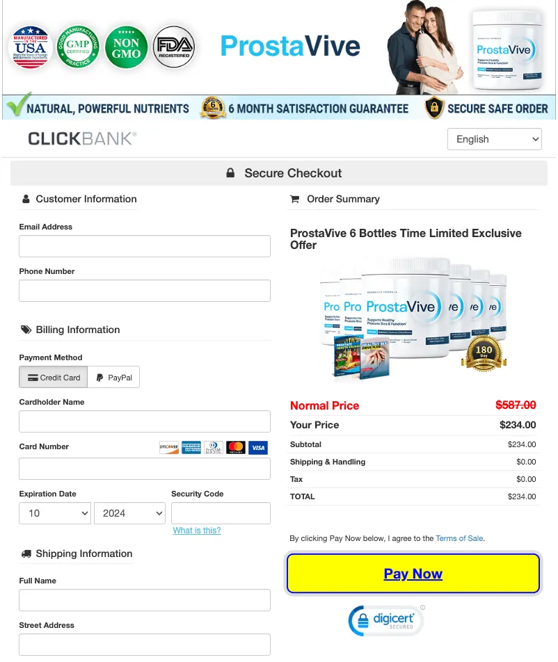 Example ProstaVive ClickBank checkout screen supplied with the template