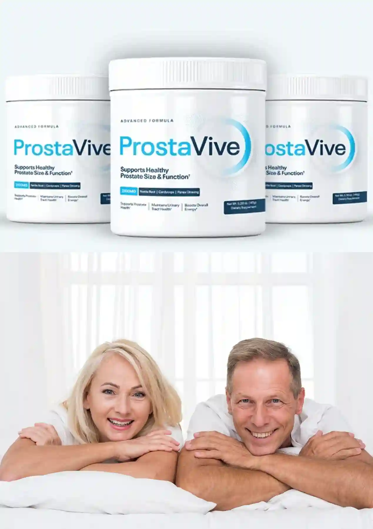 ProstaVive powder containers above a lifestyle image